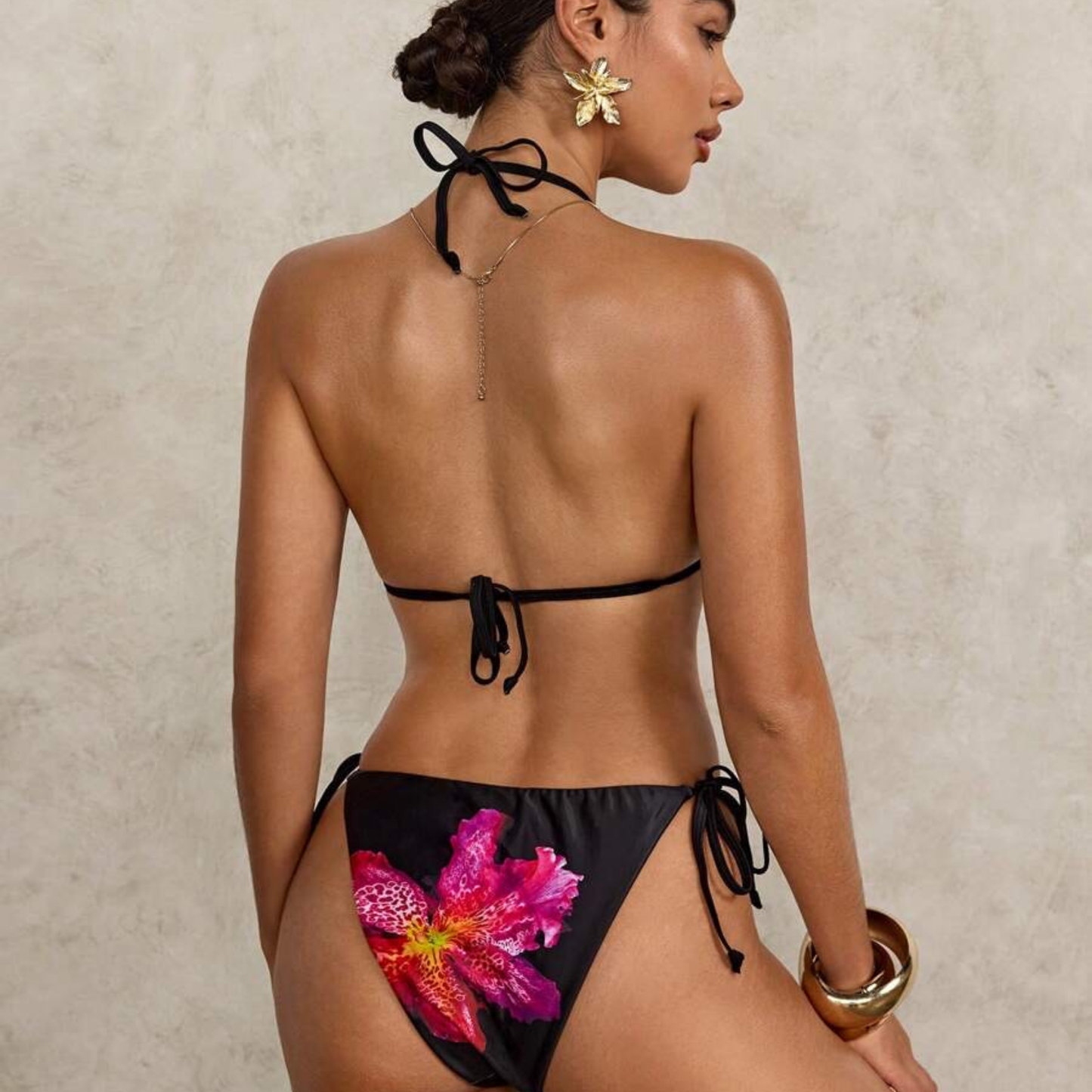 Black Floral Triangle Bikini Set – Fuchsia Print - Kumkwat