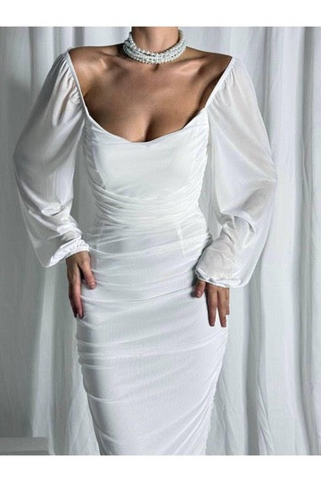 Arielle Ruched Mini Dress – White Elegance - Kumkwat