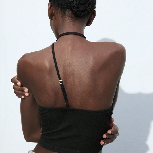 One-Shoulder Ribbed Halter Crop Top – Black - Kumkwat