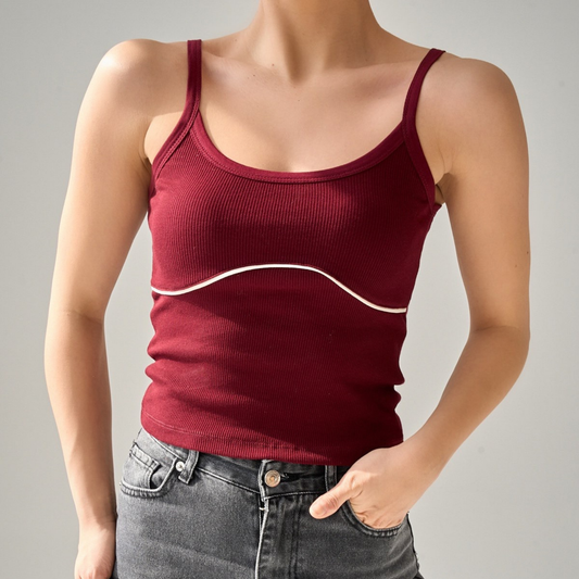 Contrast Trim Ribbed Tank Top - Kumkwat