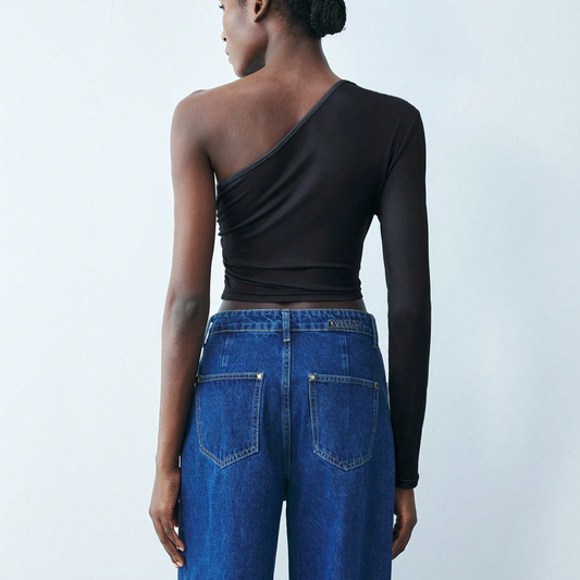 One-Shoulder Blue Floral Graphic Crop Top - Kumkwat