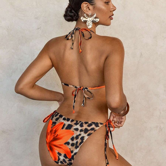 Leopard Floral Tie Bikini Set - Kumkwat