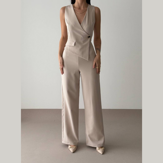 Tailored Sleeveless Set – Beige - Kumkwat