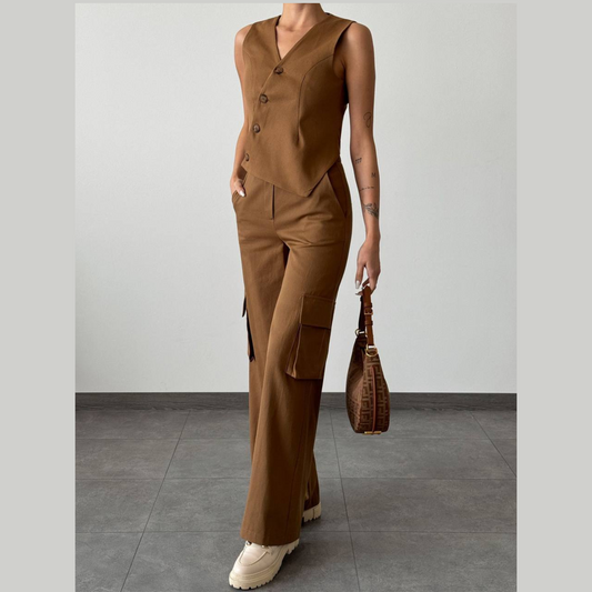 Caramel Buttoned Vest & Cargo Pants Set - Kumkwat