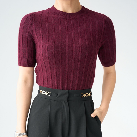 Ribbed Knit Short-Sleeve Top - Kumkwat