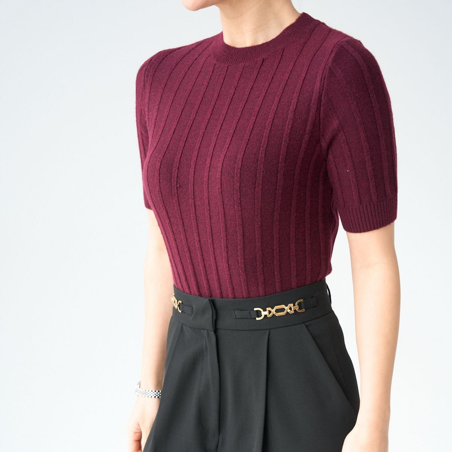 Ribbed Knit Short-Sleeve Top - Kumkwat