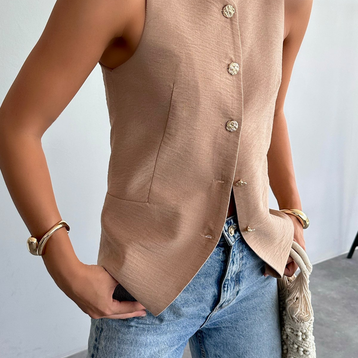 Tailored Button-Up Vest - Kumkwat