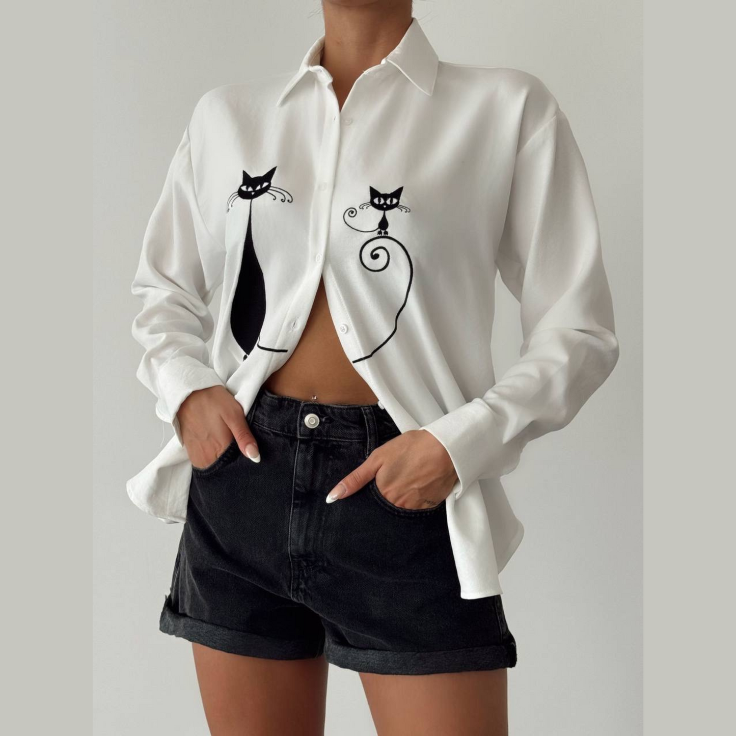 Chic Cat Embroidered Button-Down Shirt - Kumkwat
