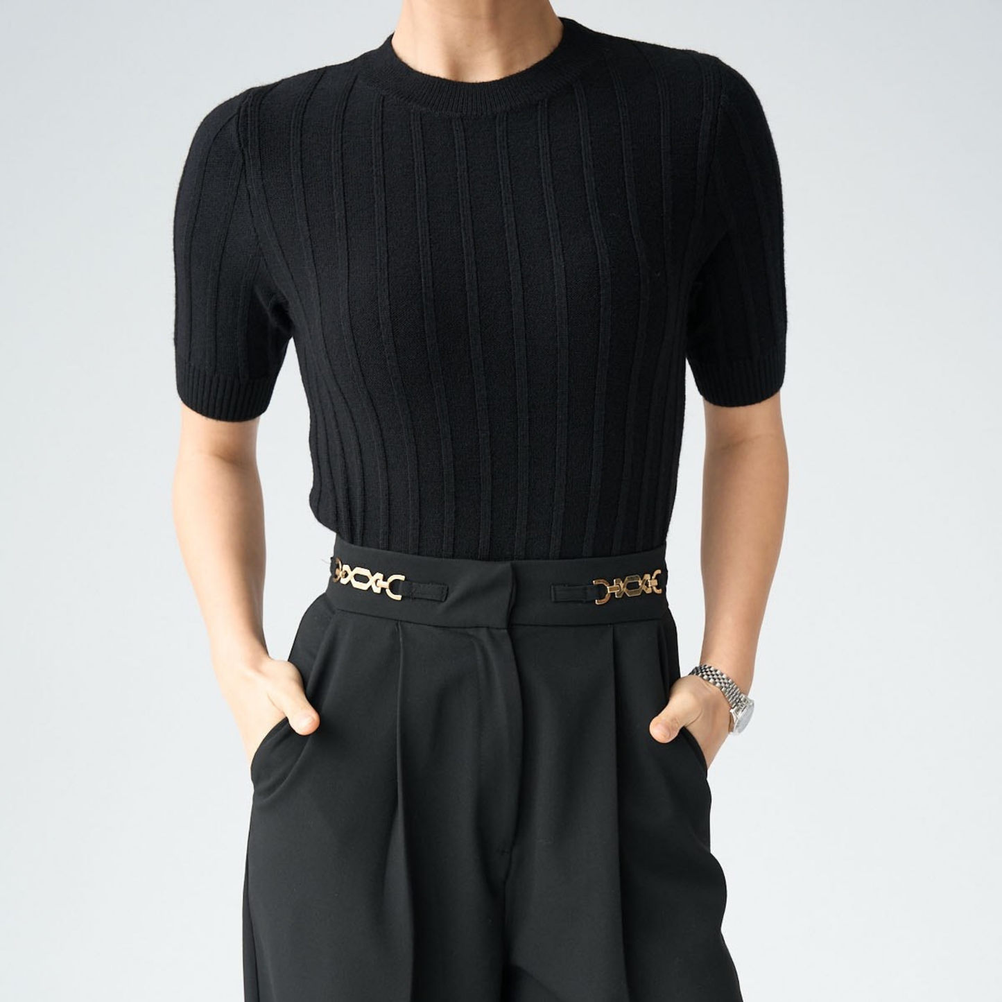 Ribbed Knit Short-Sleeve Top - Kumkwat