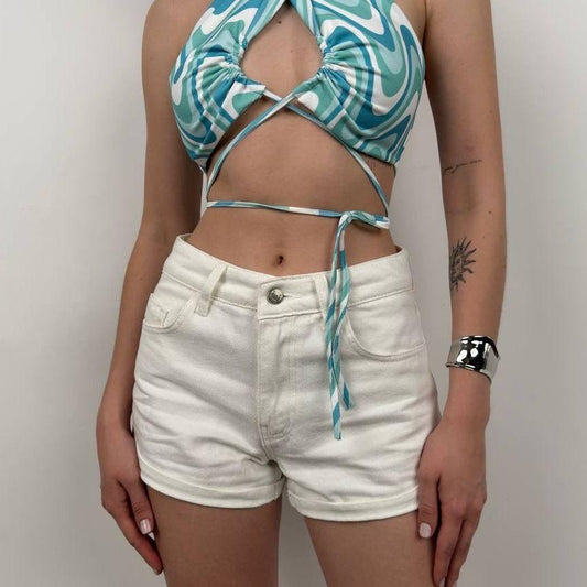 High-Rise White Denim Shorts - Kumkwat