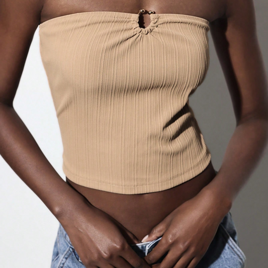 Khaki Strapless Ribbed Bandeau Top - Kumkwat