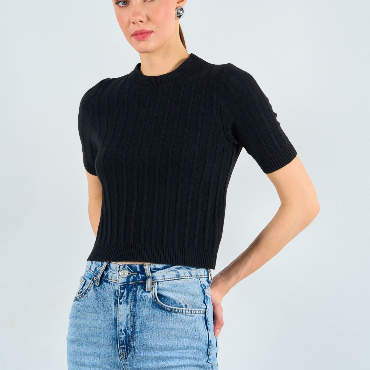 Ribbed Knit Short-Sleeve Top - Kumkwat