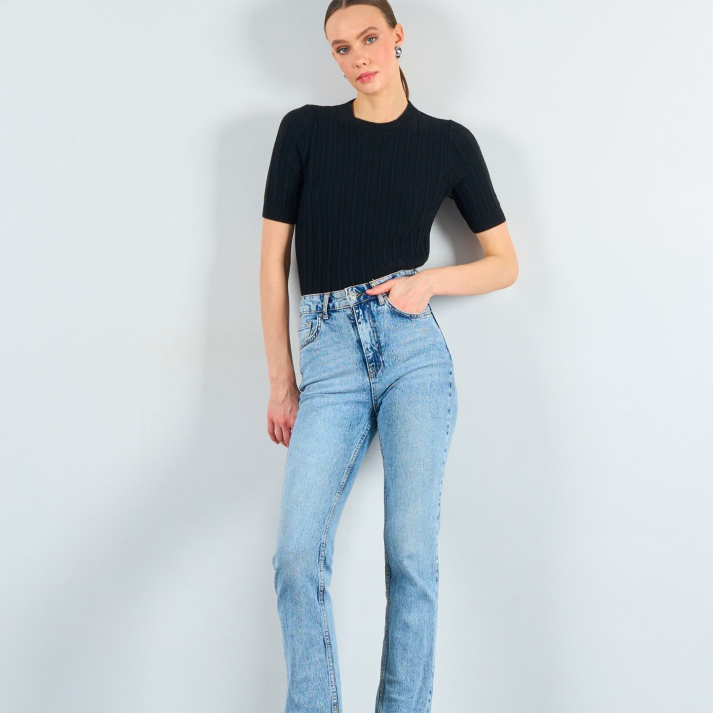 Ribbed Knit Short-Sleeve Top - Kumkwat