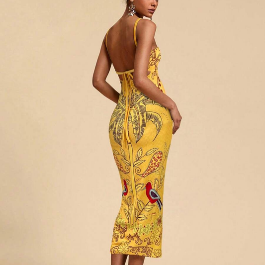 Tropical Jungle Print Bodycon Midi Dress - Kumkwat