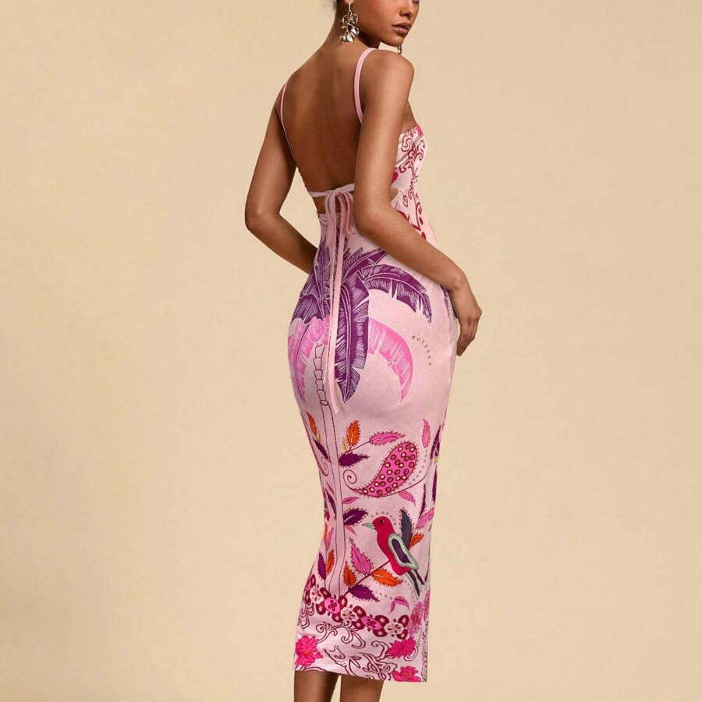 Tropical Jungle Print Bodycon Midi Dress - Kumkwat