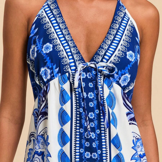 Santorini Blue Tile Print Halter Dress - Kumkwat