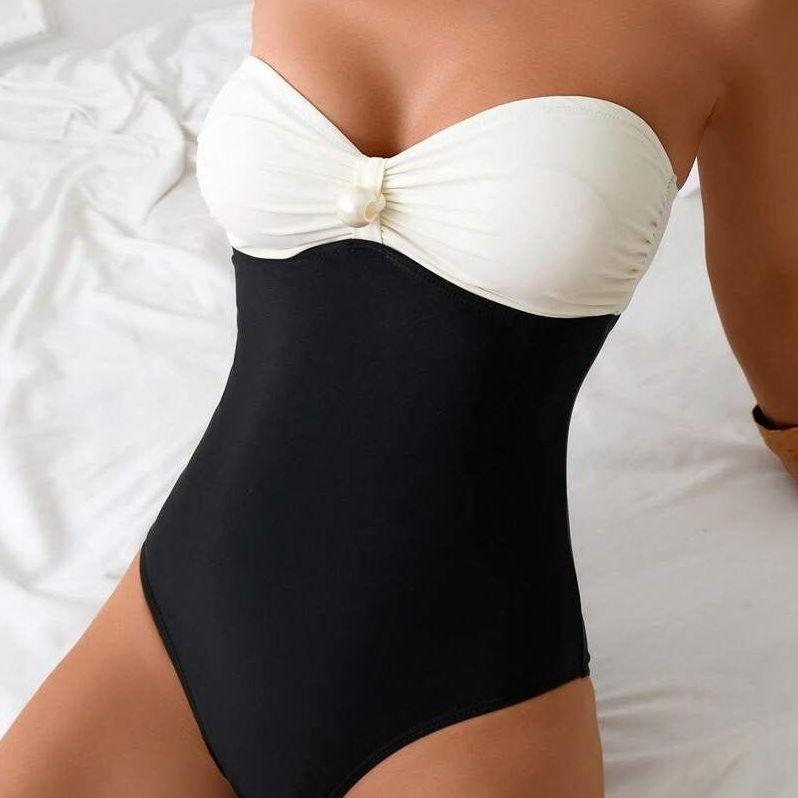 Pearl Detail Strapless One-Piece Swimsuit – Black & White - Kumkwat