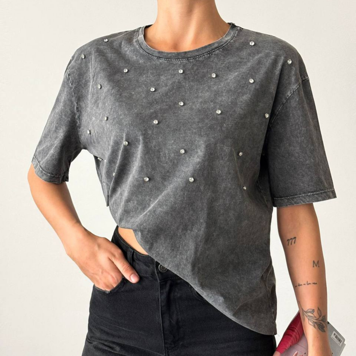 Washed Black Rhinestone Tee