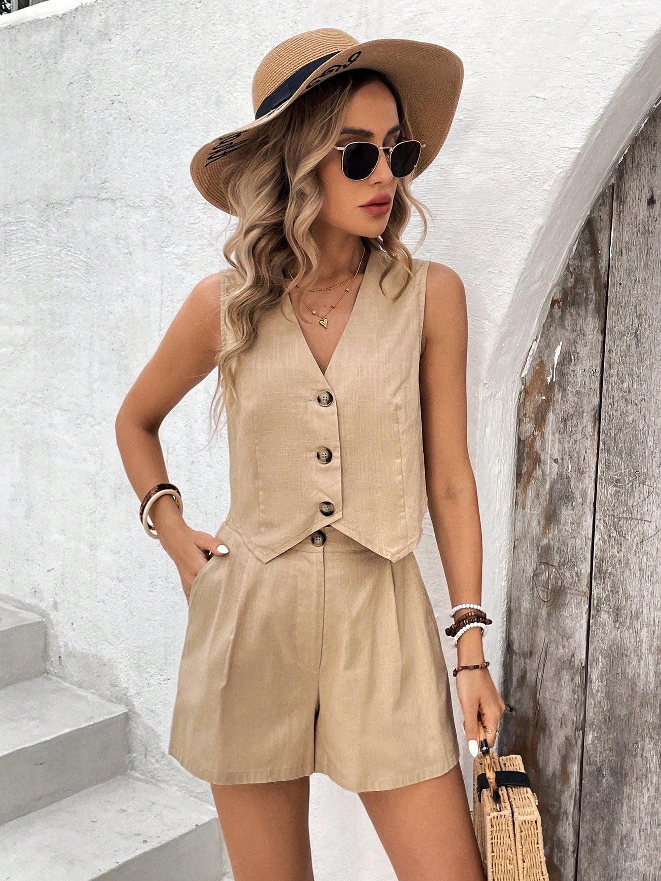 Linen-Blend Vest & Shorts Set - Kumkwat