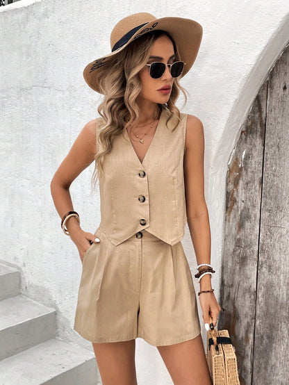 Linen-Blend Vest & Shorts Set - Kumkwat