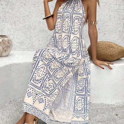 Blue & White Boho Print Halter Maxi Dress - Kumkwat