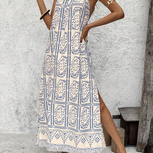 Blue & White Boho Print Halter Maxi Dress