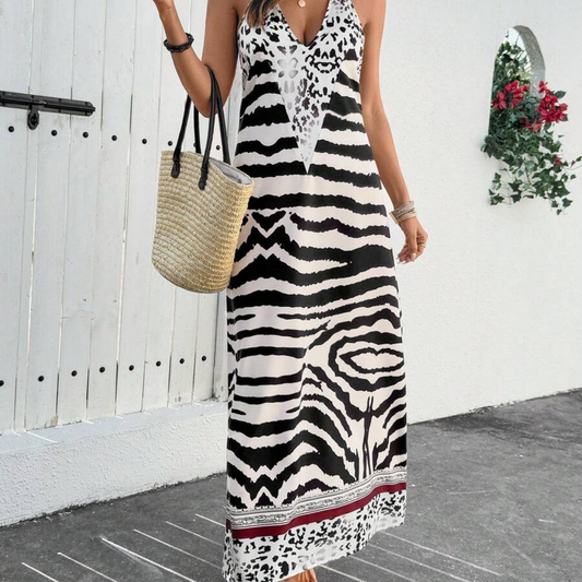 Zebra Stripe Print V-Neck Maxi Dress