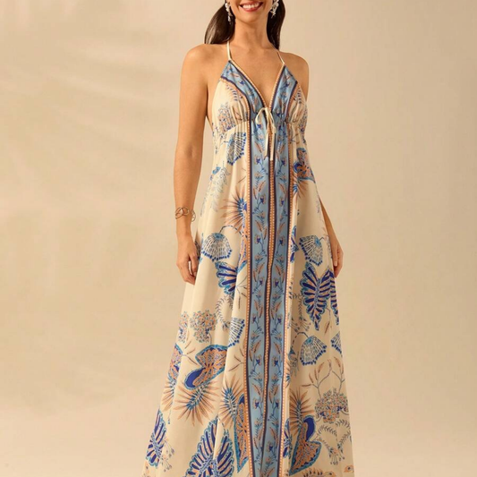 Boho Blue & Beige Tropical Halter Maxi Dress