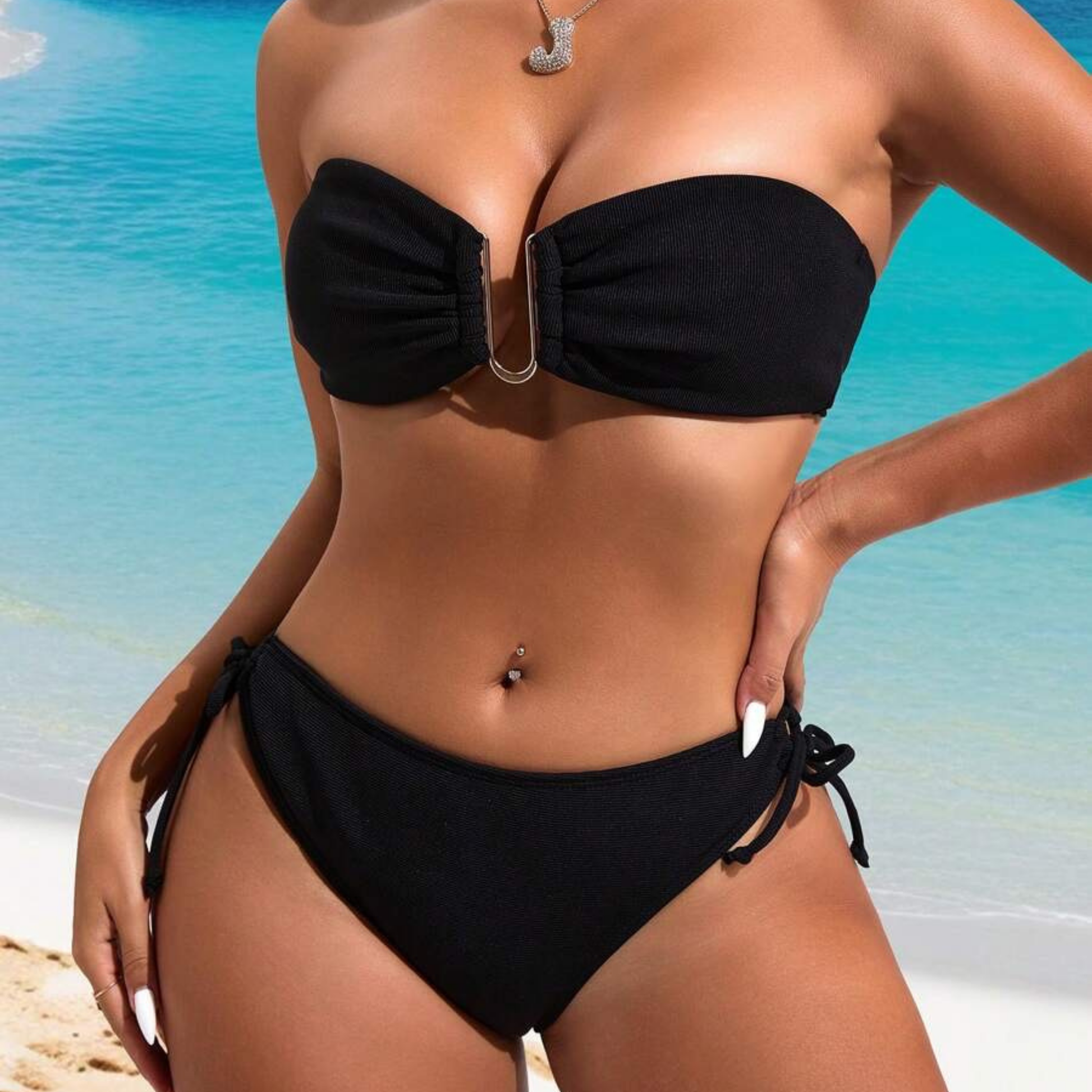 Black Bandeau Bikini Set with Metal U Detail - Kumkwat