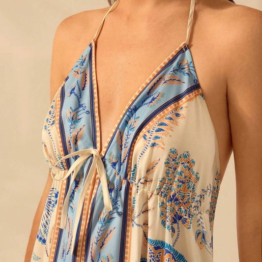 Boho Blue & Beige Tropical Halter Maxi Dress