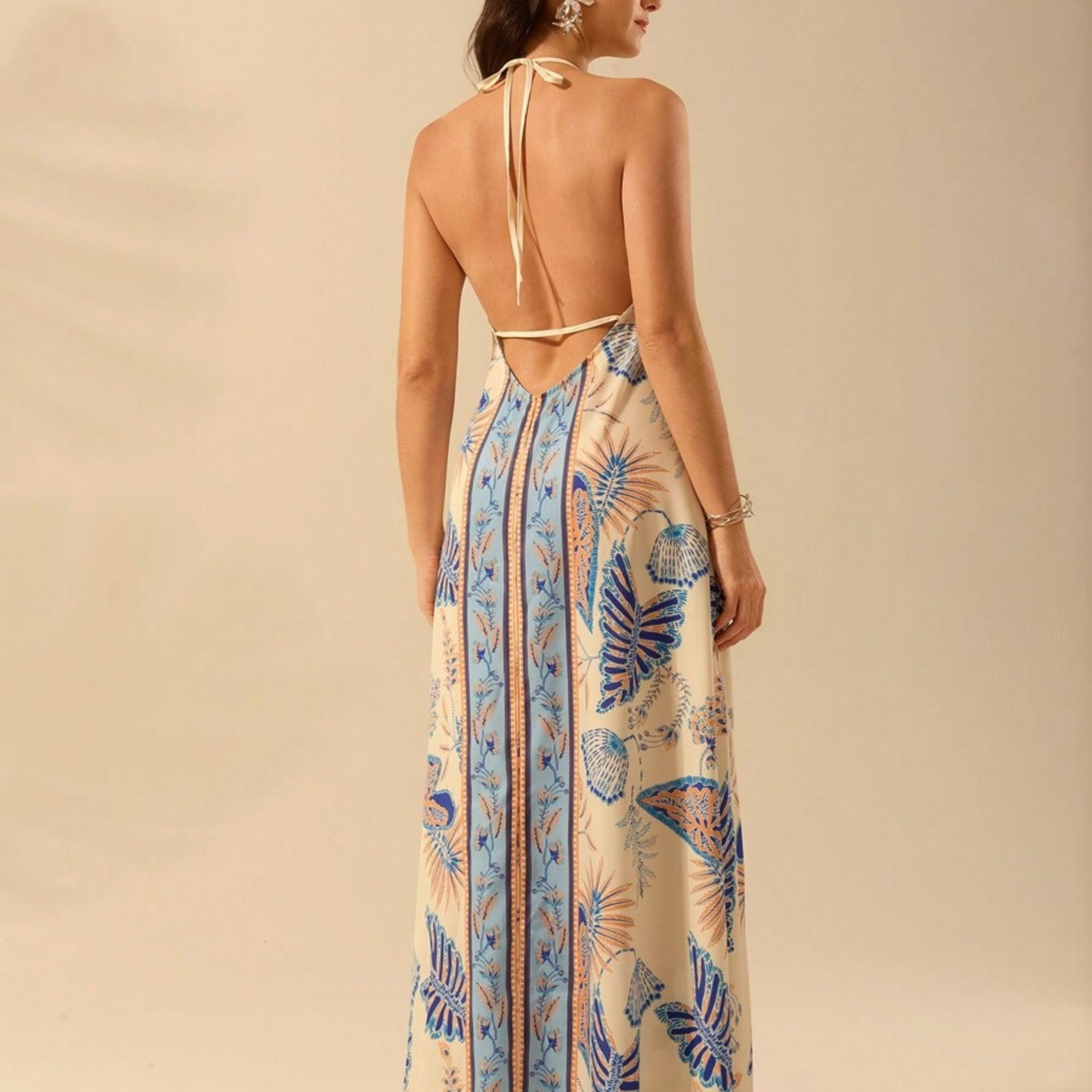 Boho Blue & Beige Tropical Halter Maxi Dress - Kumkwat