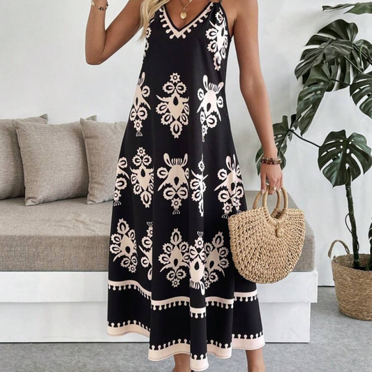 Black & Beige Tribal Print Sleeveless Maxi Dress