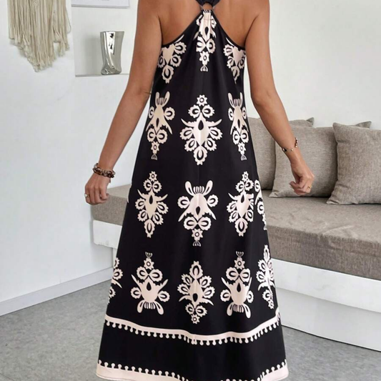 Black & Beige Tribal Print Sleeveless Maxi Dress