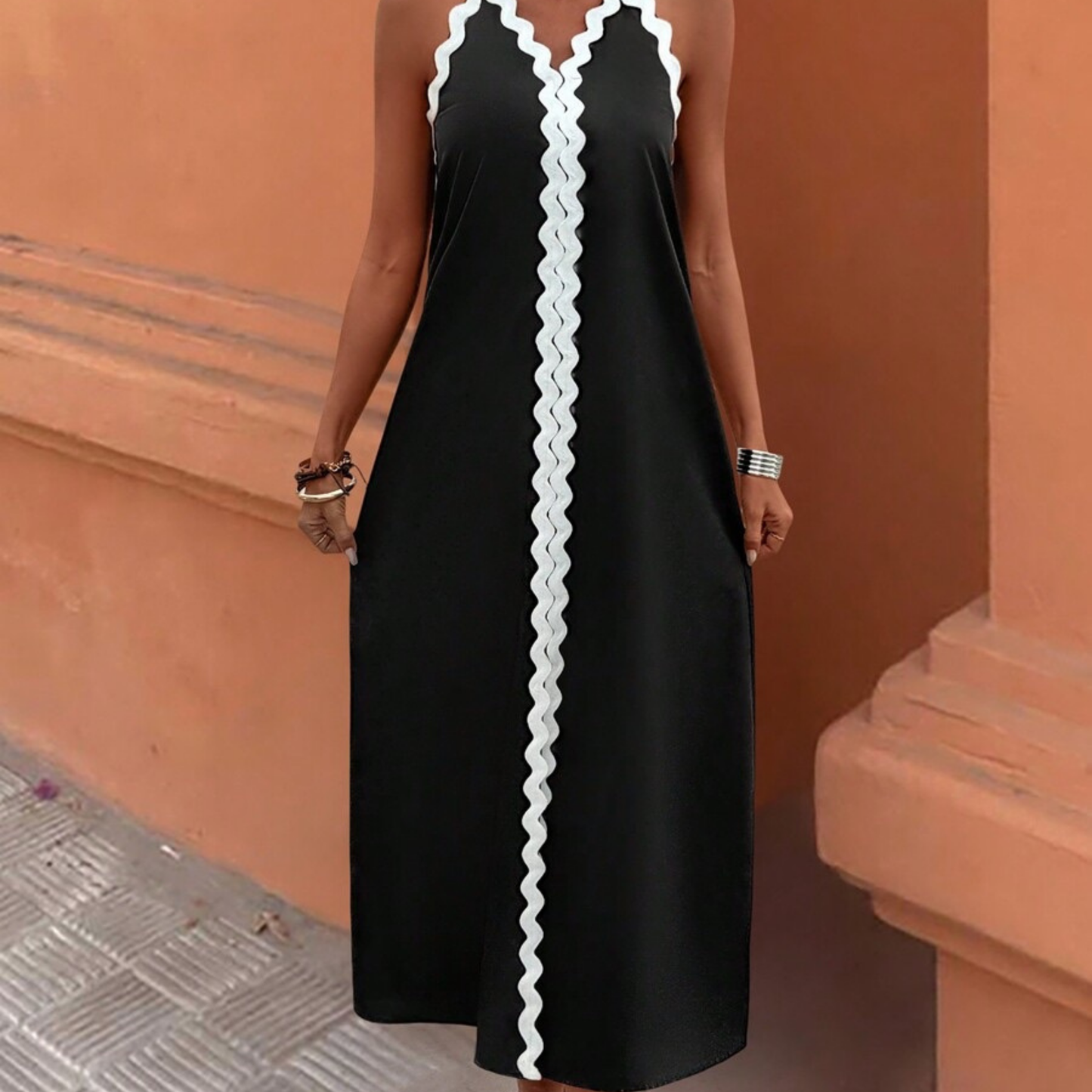 Black Maxi Dress with White Wavy Trim
