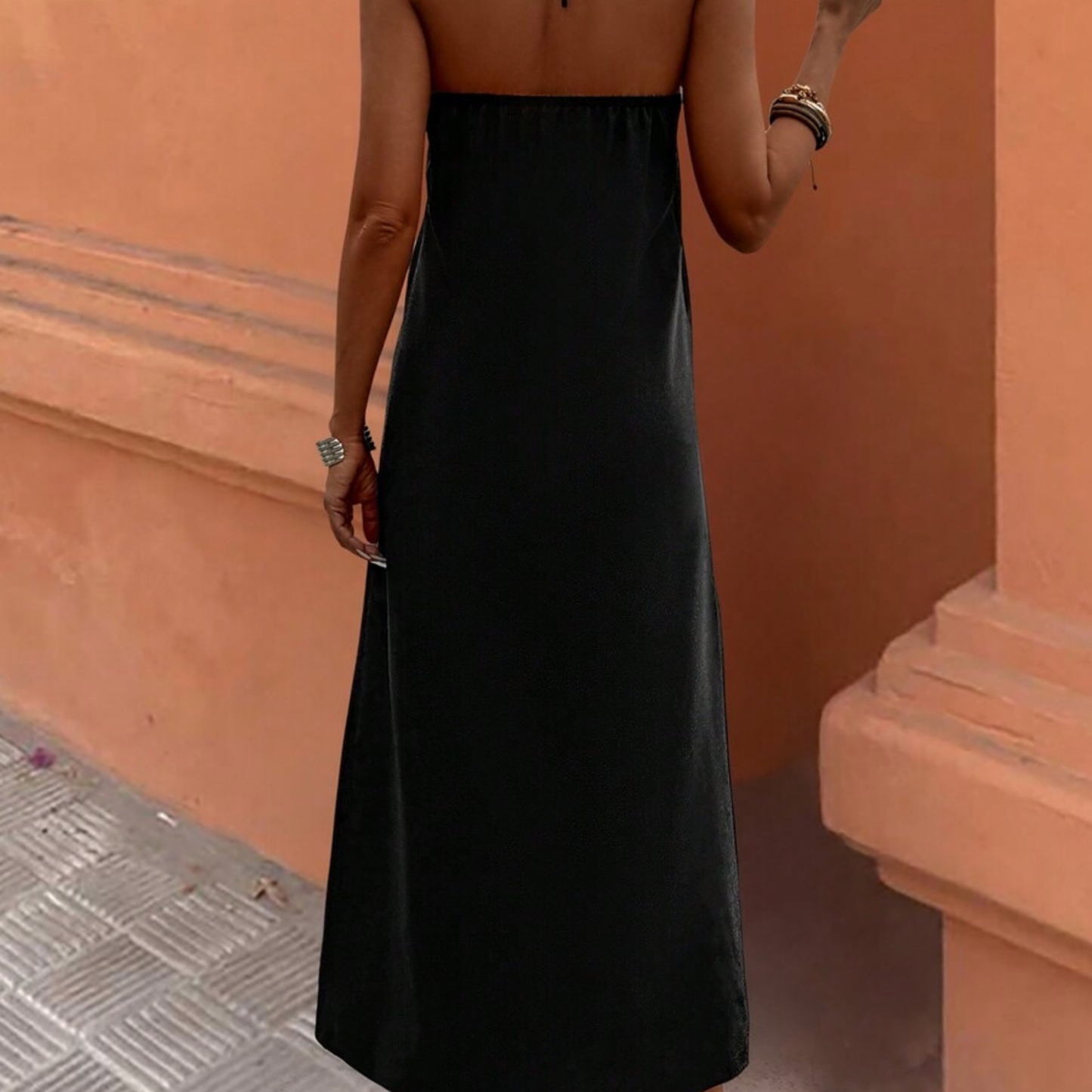Black Maxi Dress with White Wavy Trim