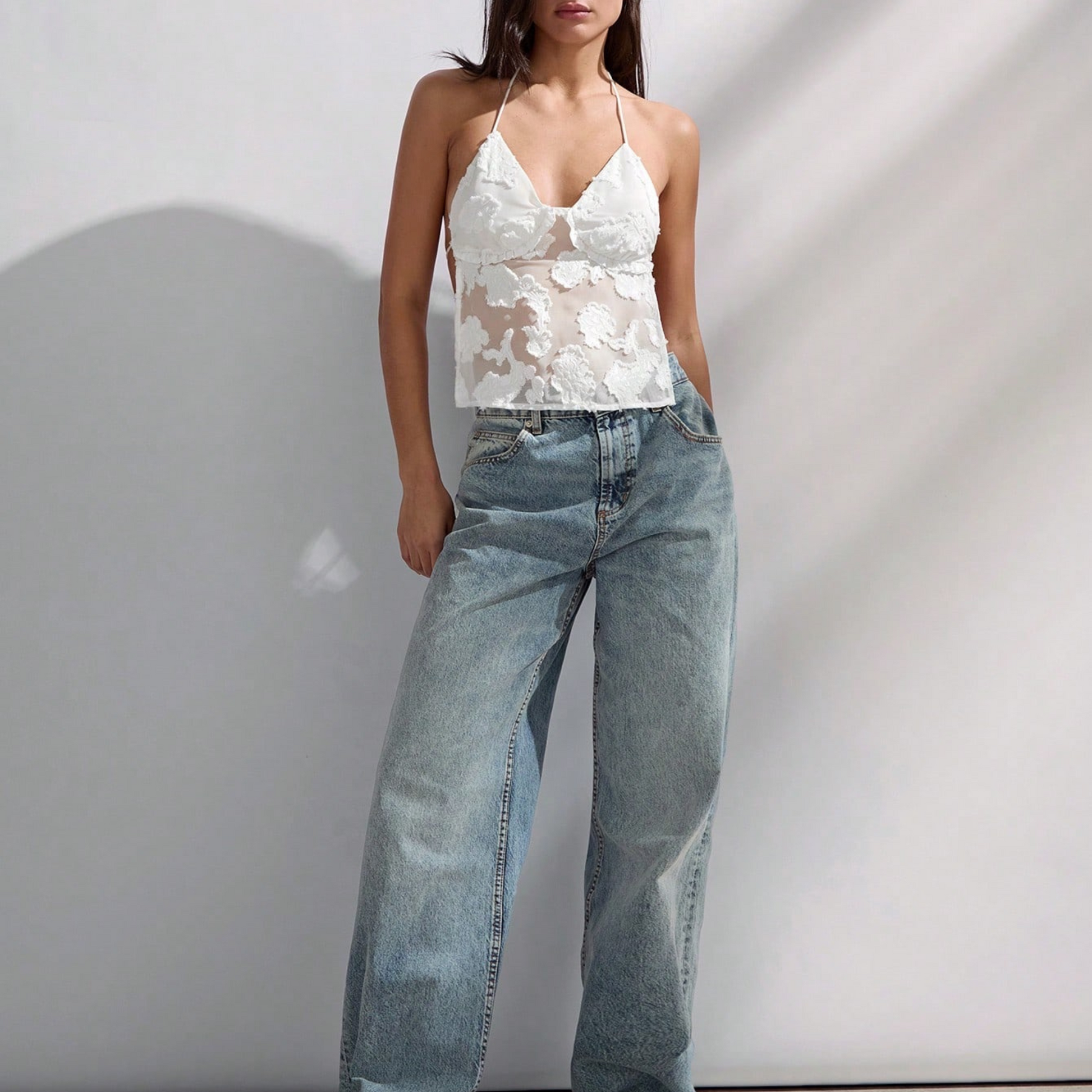 Sheer Floral Halter Lace Top – White - Kumkwat