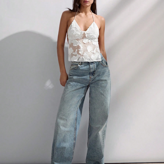 Sheer Floral Halter Lace Top – White - Kumkwat