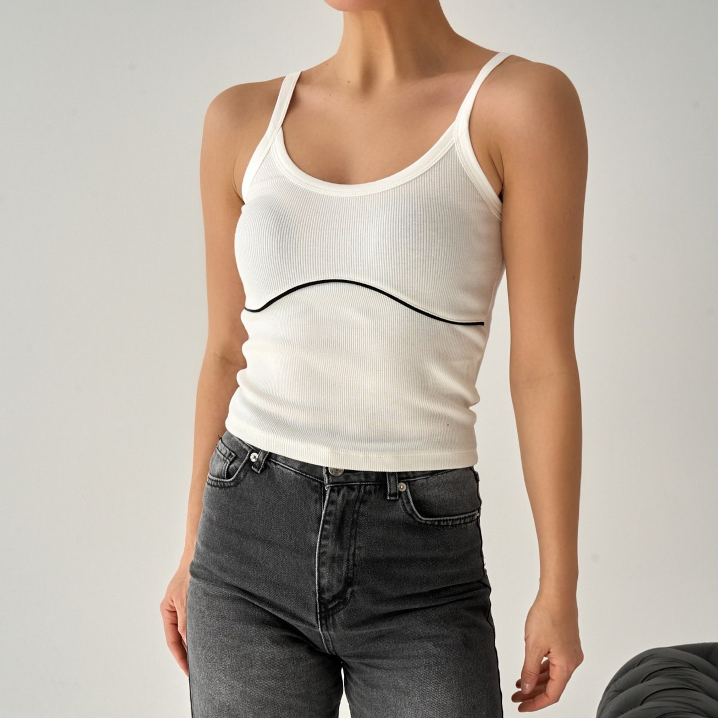 Contrast Trim Ribbed Tank Top - Kumkwat