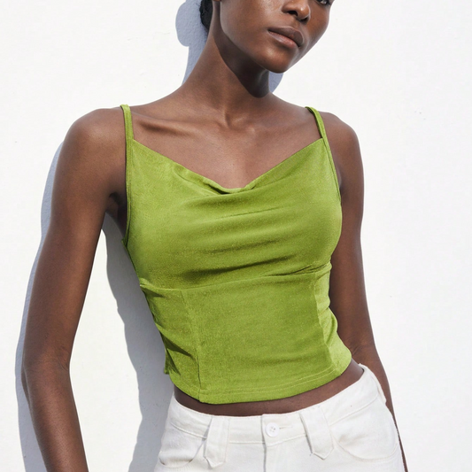 Lime Green Cowl Neck Satin Crop Top - Kumkwat