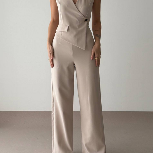 Tailored Sleeveless Set – Beige - Kumkwat
