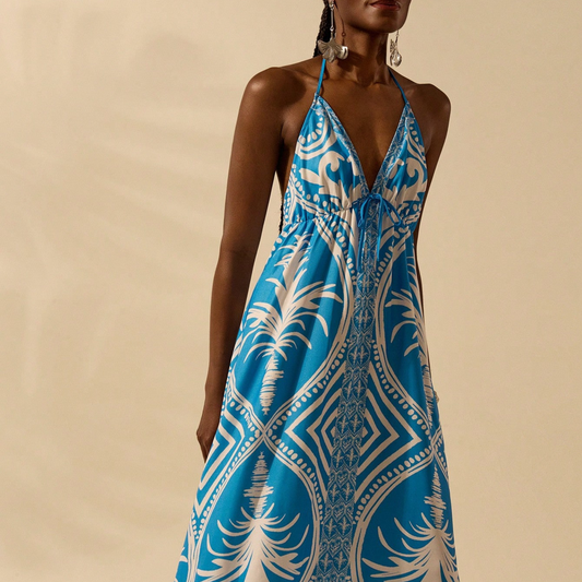 Tropical Blue Geometric Halter Maxi Dress
