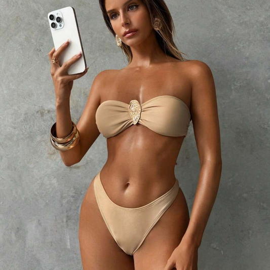 Gold Leaf Accent Strapless Bikini Set