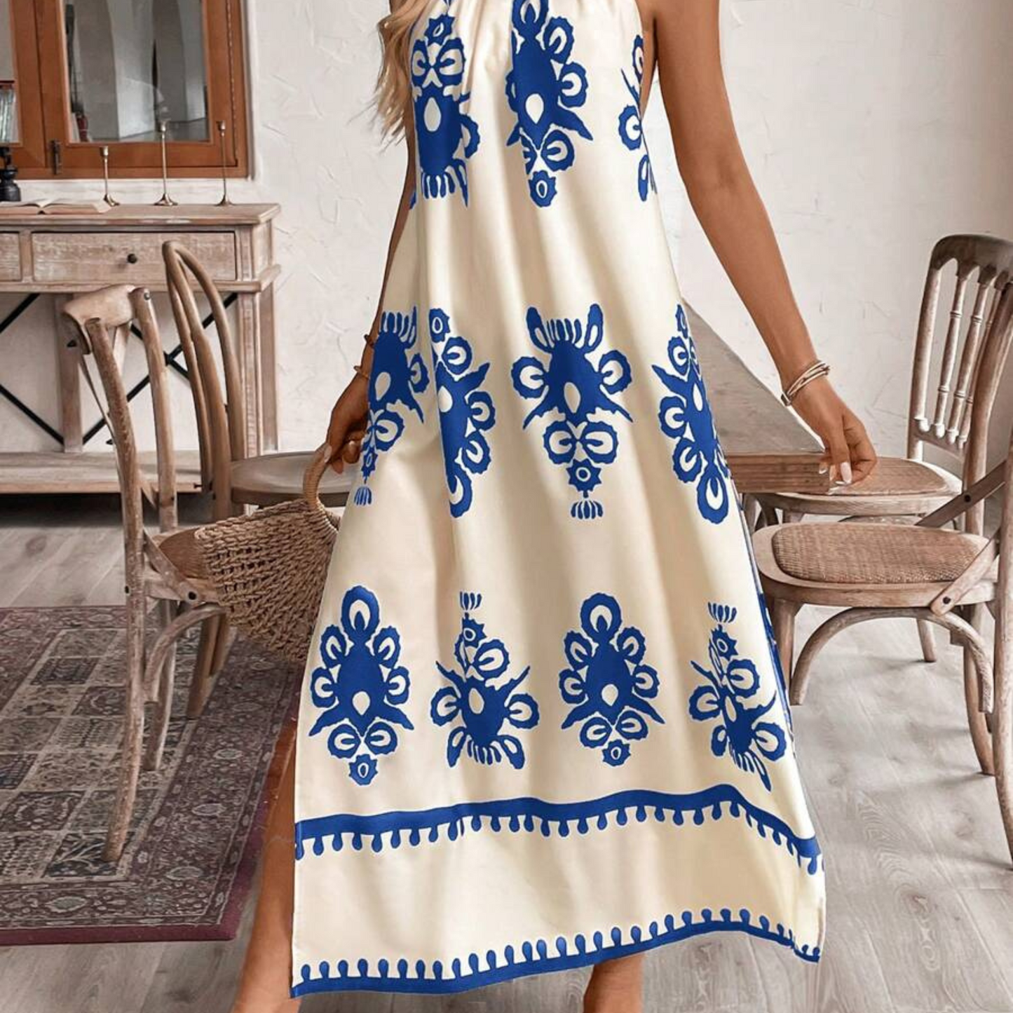 Boho Geo Print Halter Maxi Dress - Kumkwat
