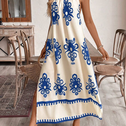 Boho Geo Print Halter Maxi Dress - Kumkwat