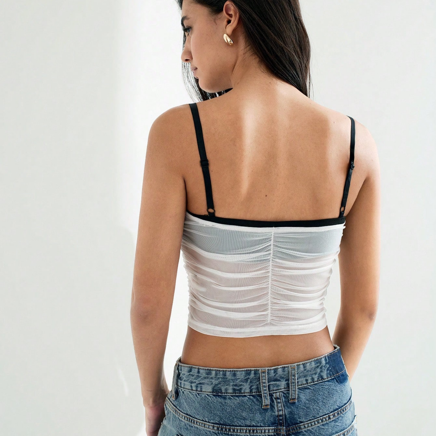 Mesh Ruched Contrast Strap Crop Top - Kumkwat