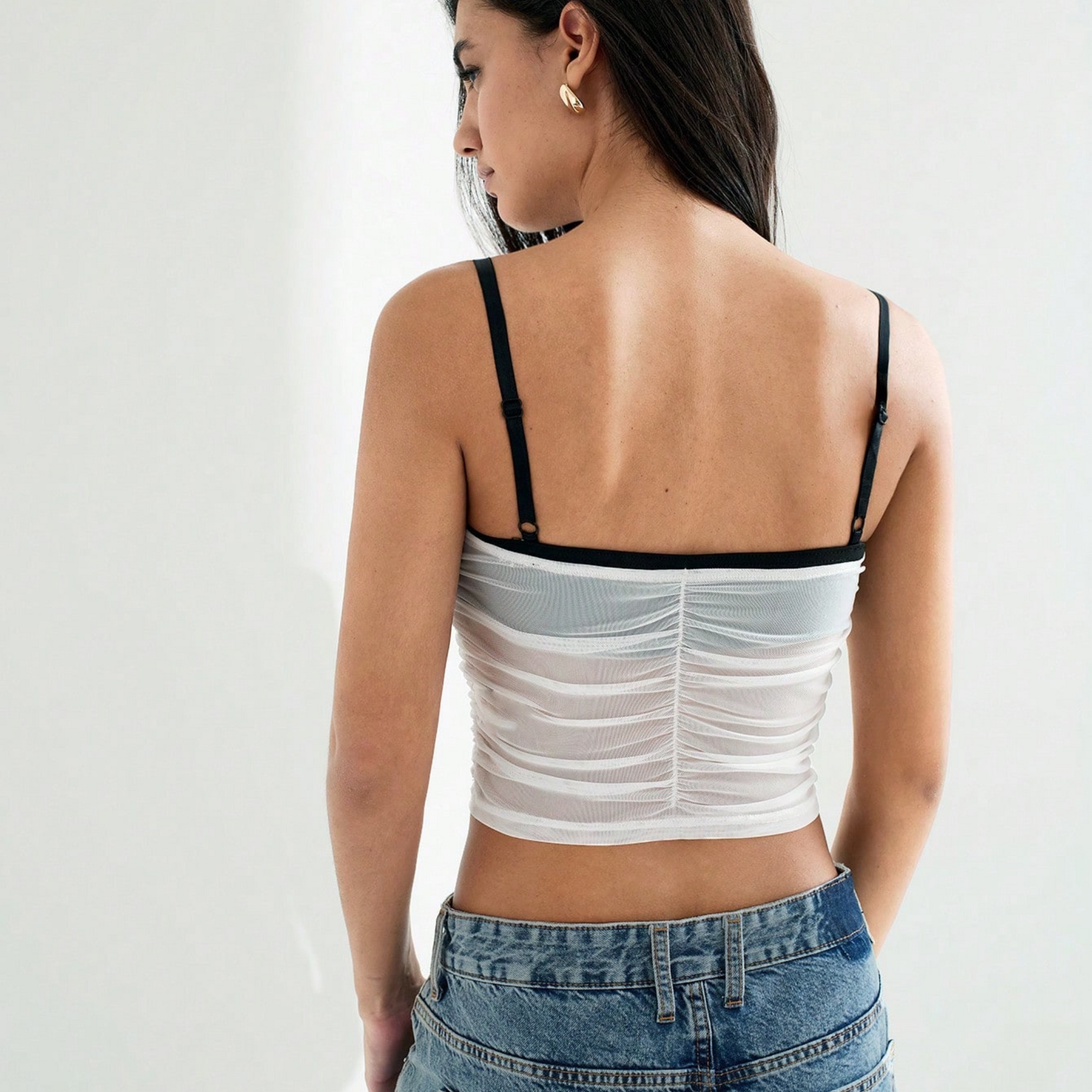 Mesh Ruched Contrast Strap Crop Top - Kumkwat