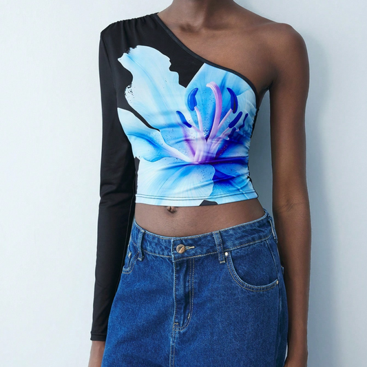 One-Shoulder Blue Floral Graphic Crop Top - Kumkwat