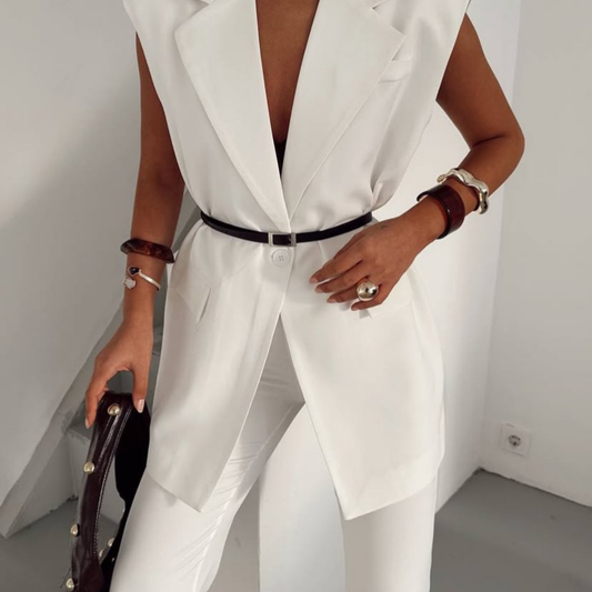 Sleeveless Blazer Set – White - Kumkwat
