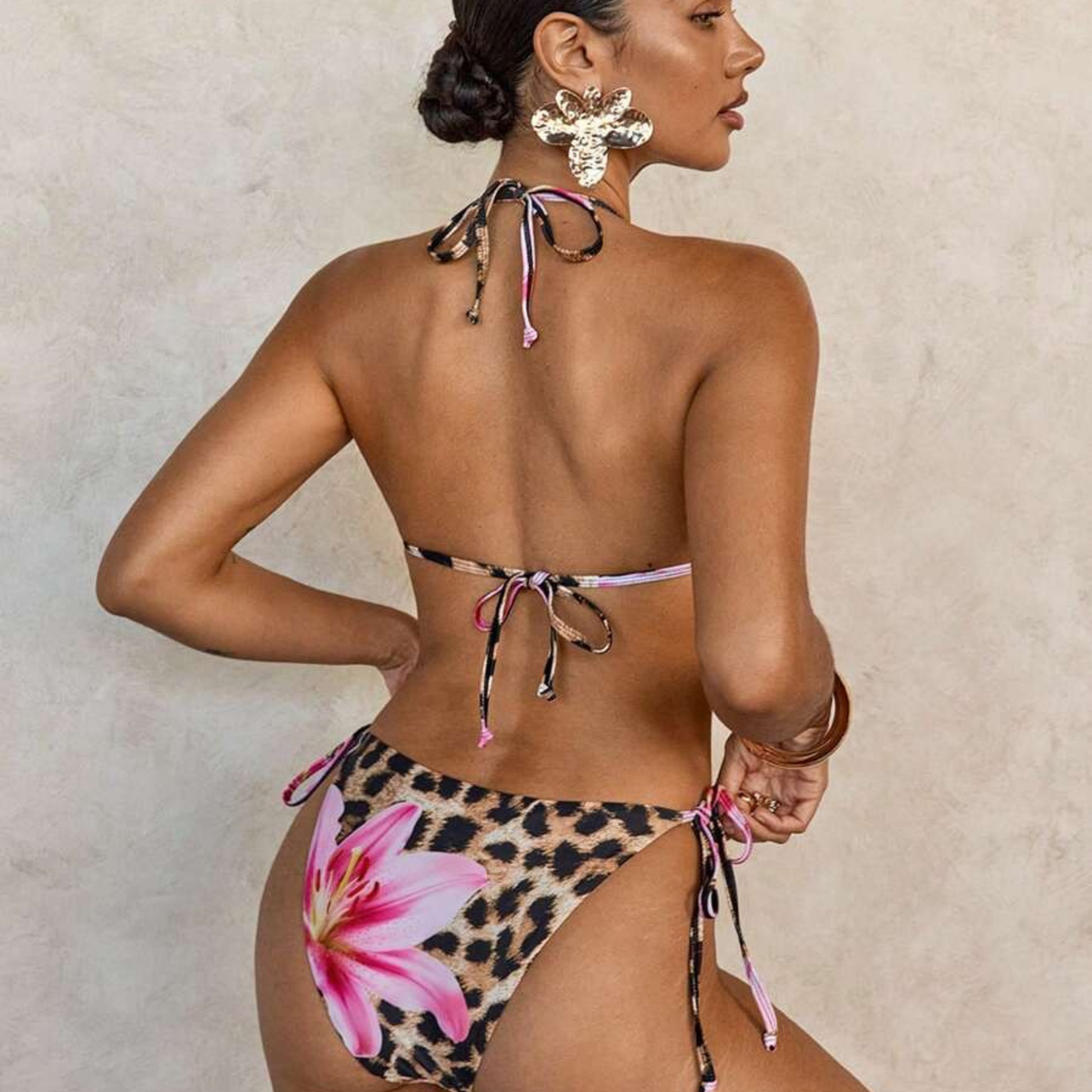 Leopard Floral Tie Bikini Set - Kumkwat