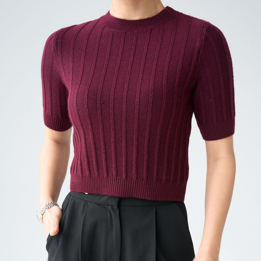 Ribbed Knit Short-Sleeve Top - Kumkwat